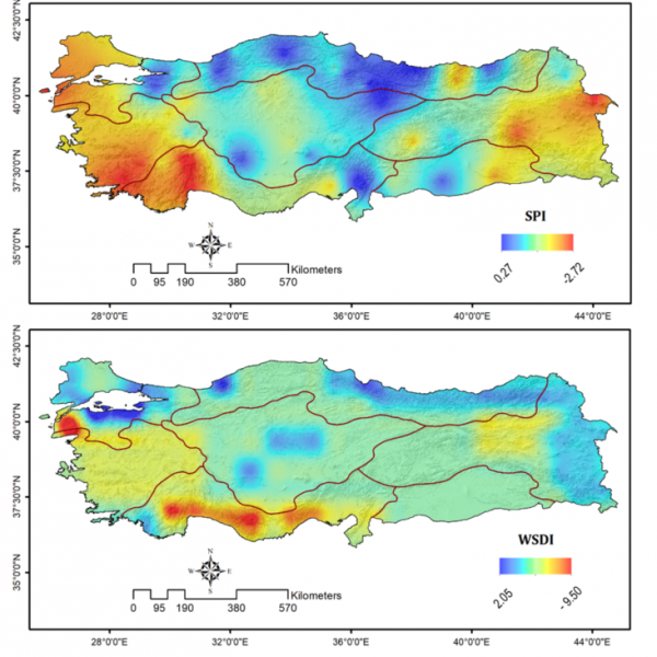 WSDI ve  SPI tarafından 2008 yılında tespit edilen Türkiye'deki kuraklığın mekansal gösterimi